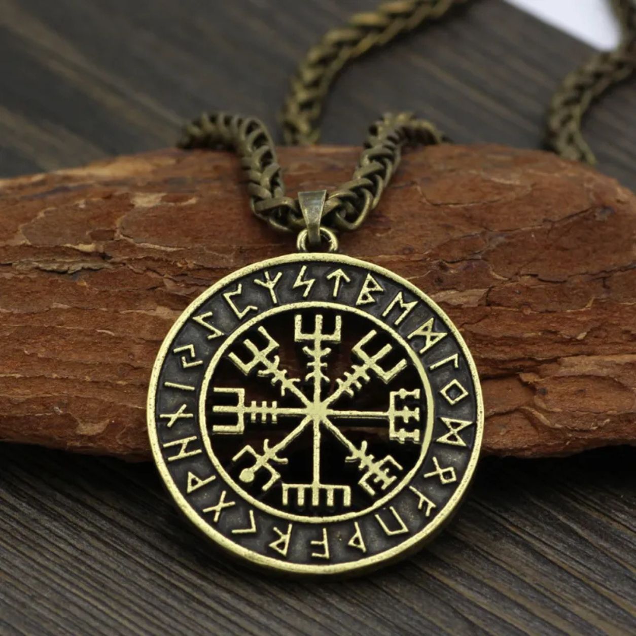Antique Bronze Vegvisir Rune Pendant Necklace