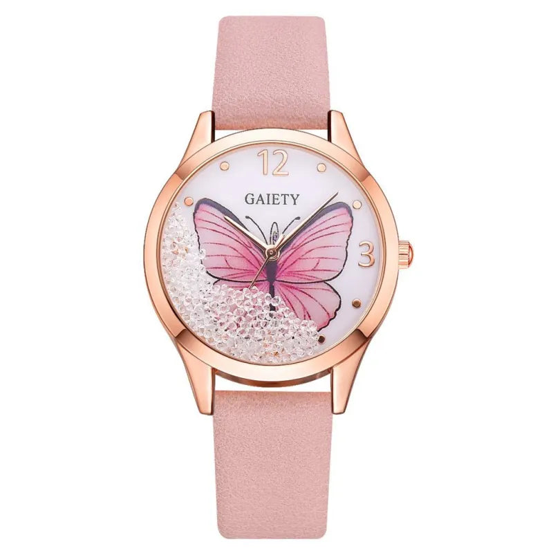 Women’s Gaiety Fashion Watch – Crystal Butterfly, Leather Band