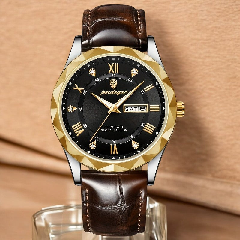 SerpentSteel Men’s Leather Watch | Gold Stainless Steel Case & Date Display