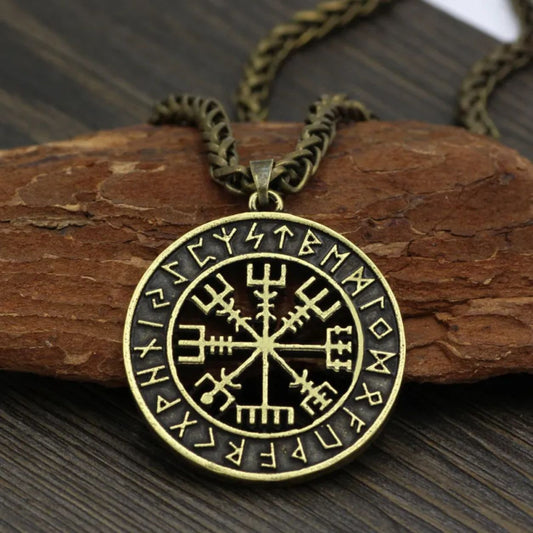Antique Bronze Vegvisir Rune Pendant Necklace