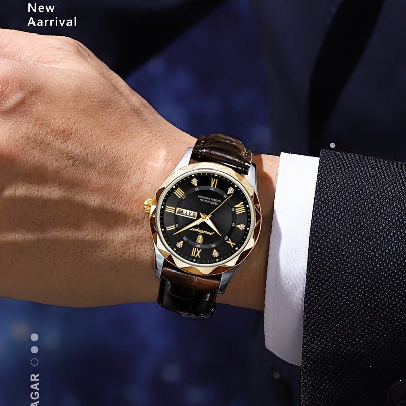 SerpentSteel Men’s Leather Watch | Gold Stainless Steel Case & Date Display